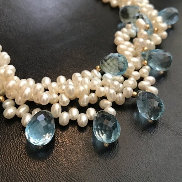 Genuine Multi-Strand Real Pearl Blue Faceted Crystal 14k Solid Gold Necklace - Picture 7 of 8